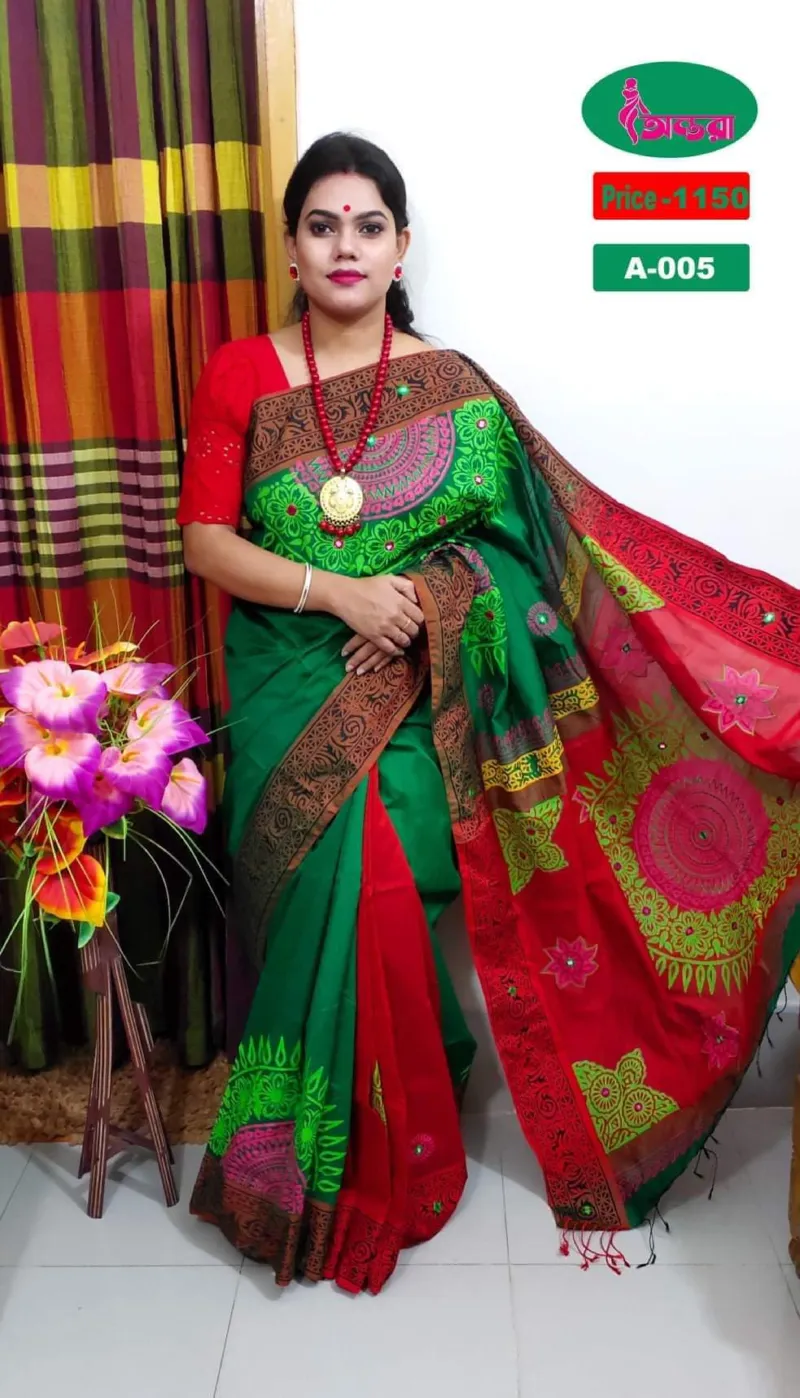 Hand Print Work Half Silk Saree, 12 Haath, 6 Colour Choices