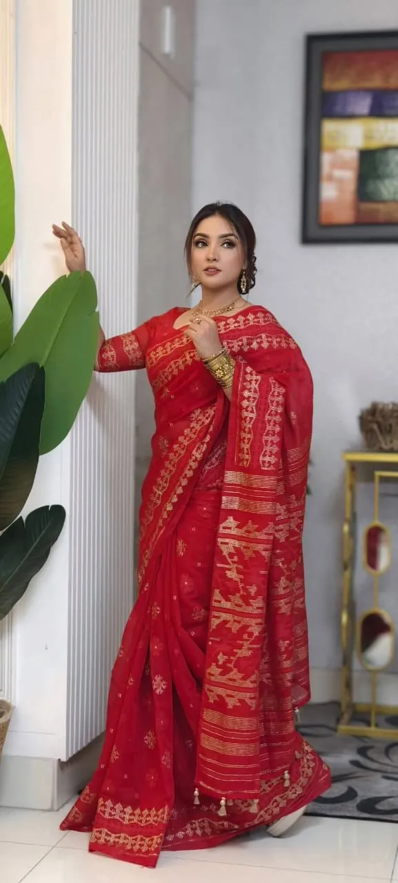 Half Silk Screen Print Saree with Printed Border and Blouse Piece