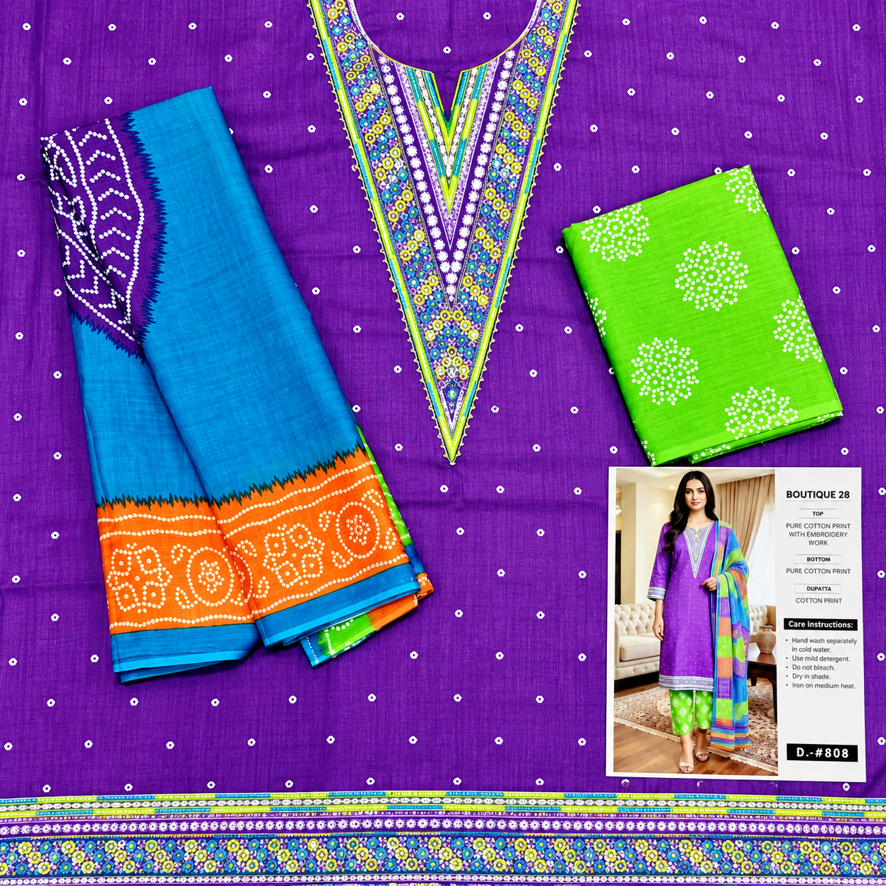 Unstitched Premium Traditional Bandhej Cotton Three-Piece Suit - Lavender & Sky Blue