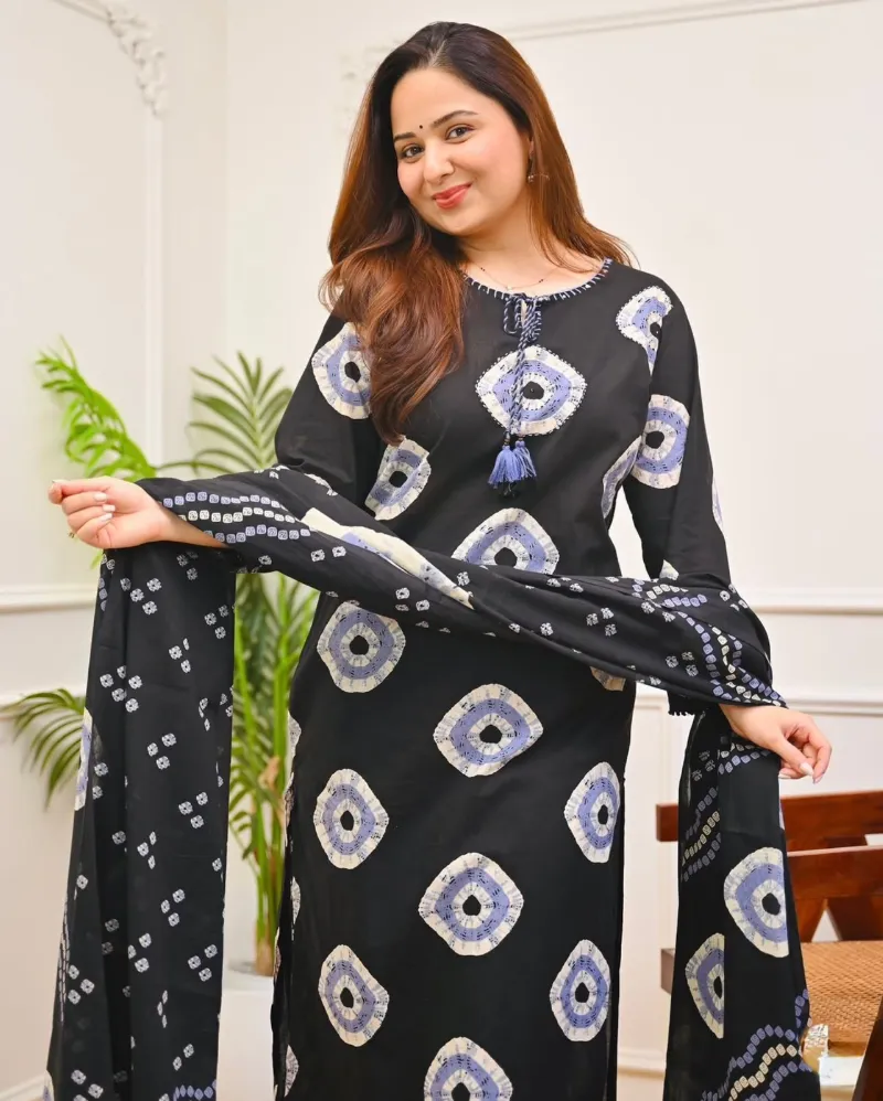 Soft Cotton Chunri Print Three Piece with Tassels, M and L