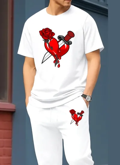 Drop Shoulder Pure Cotton T-Shirt and Trouser Set for Men, 180 GSM