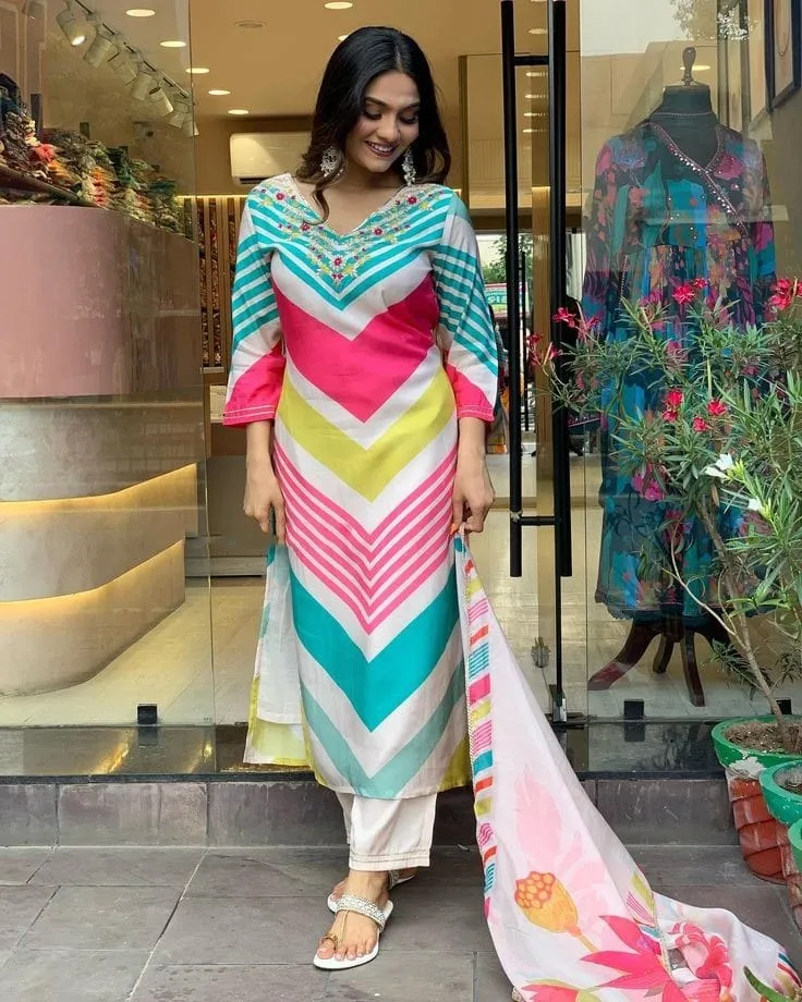 Women's Cotton Three Piece with Butter Silk Salwar, 2 Colours