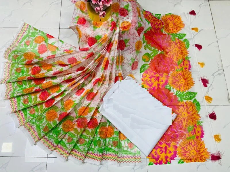 Half Silk Screen Print Saree, Saree Only, 6 Colours
