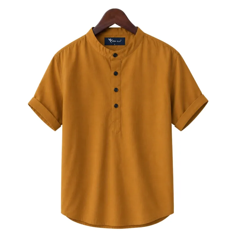 Men's Short Sleeve Oxford Cotton Katua with Band Collar, M to XXL