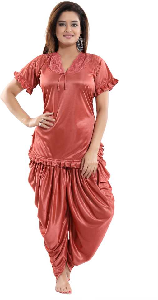 Satin Dhoti Pattern Night Dress, Top and Salwar, Free Size