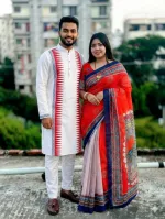Pohela Boishakh Couple Dress, Tassel Saree with Silk Panjabi