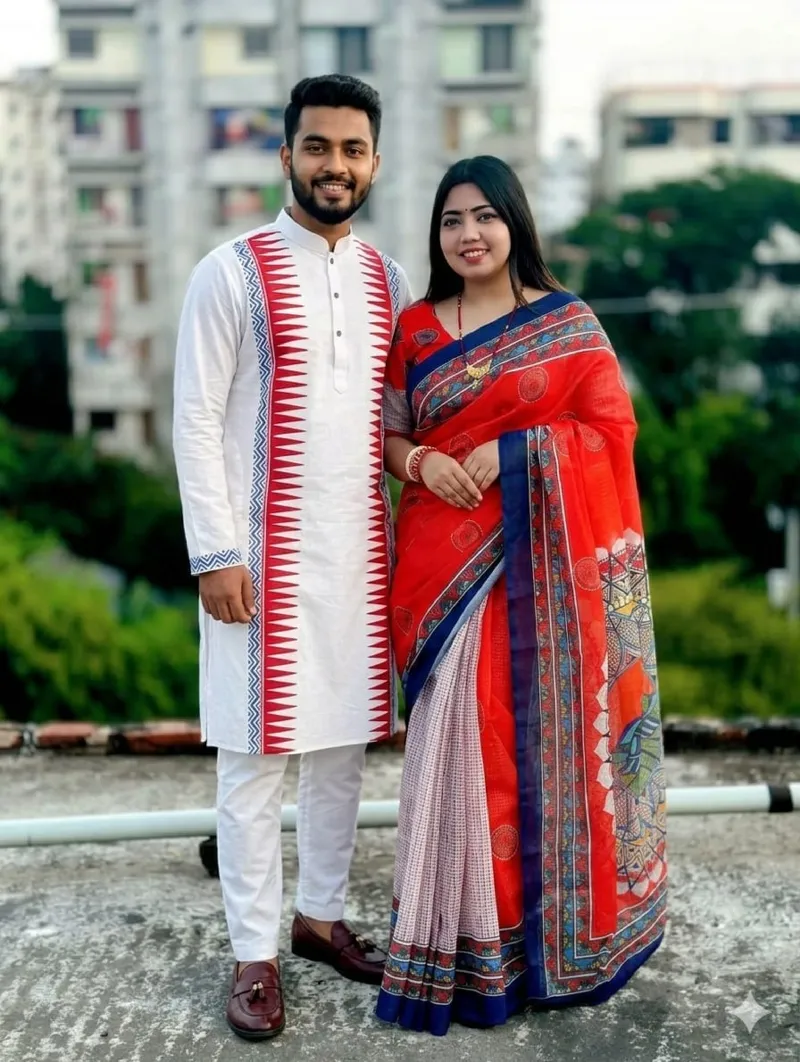 Pohela Boishakh Couple Dress, Tassel Saree with Silk Panjabi