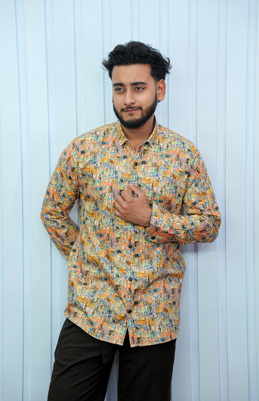 Men's Digital Print Pure Cotton Shirt with Snap Buttons