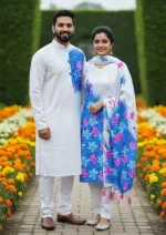 Matching Couple Set, Unstitched Voile Three Piece and Silk Panjabi