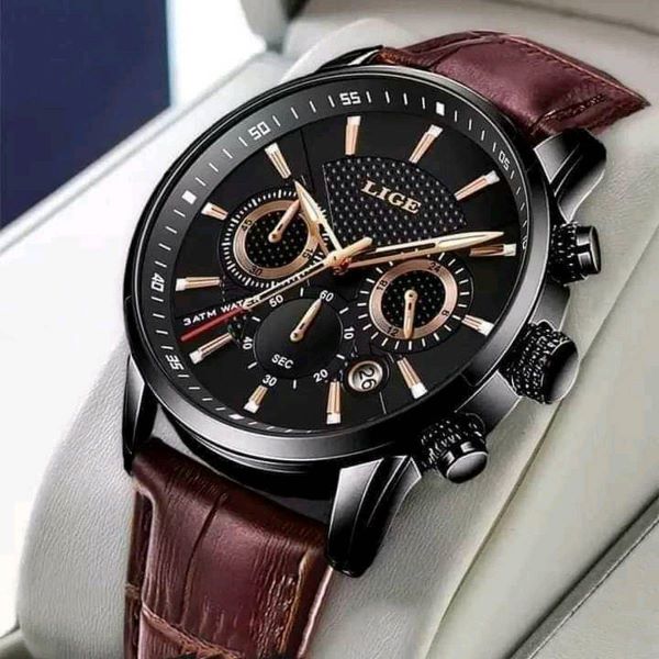 LIGE 9866 Men Fashion Sport Quartz Luxury Leather Waterproof Chronograph Watch