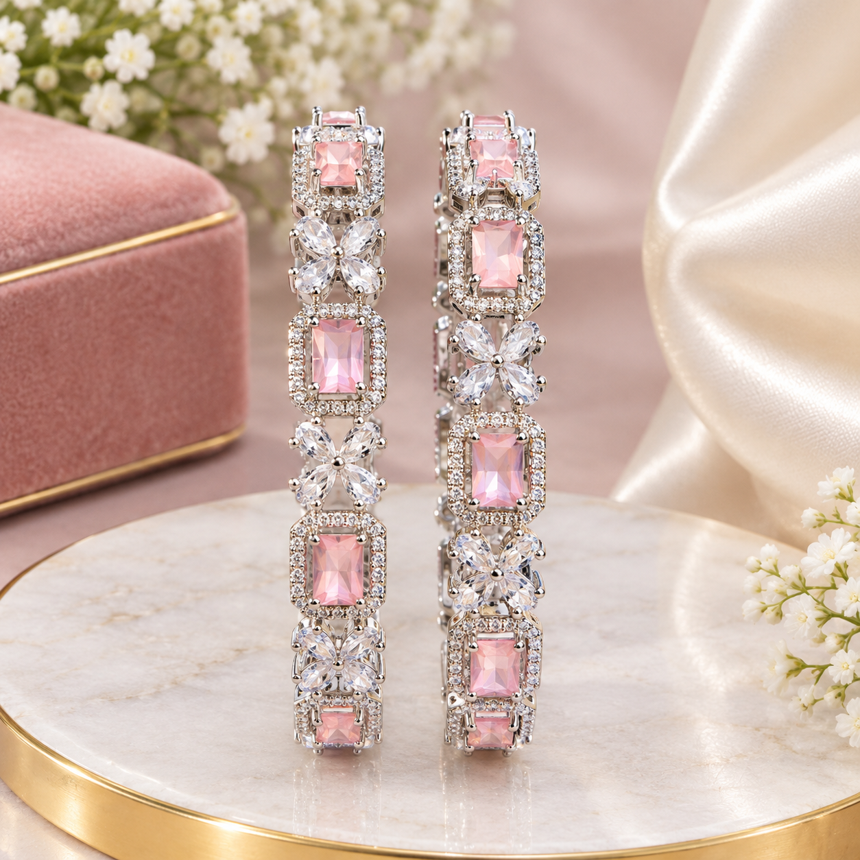 Pastel Pink American Diamond-Cut Premium Kada/Bangle Set (2 Pieces)