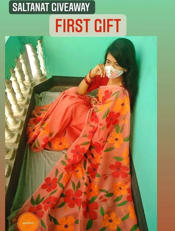 Half Silk Hand Print Saree with Tuli Brush Work