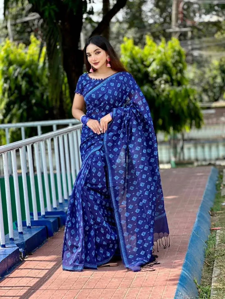Cotton Suti Saree with Rubber Screen Print, 14 Haath
