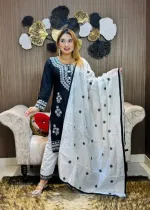 Chikankari Necklace Embroidery Cotton Three Piece, Rayon Silk Orna