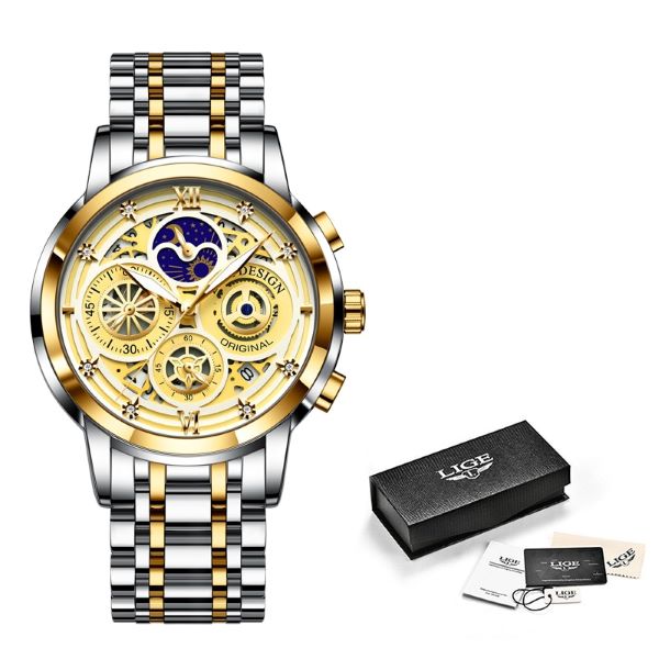 Lige 8942 Luxury Gold Stainless Steel Watch