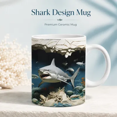 Shark Design Mug – Premium Ceramic Coffee Mug with 3D Deep Ocean Shark Wraparound Print, Microwave & Dishwasher Safe