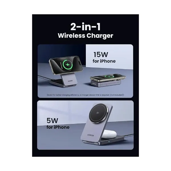 Ugreen MagFlow W706 20W Qi2 2-in-1 Grey Magnetic Wireless Charger with Stand