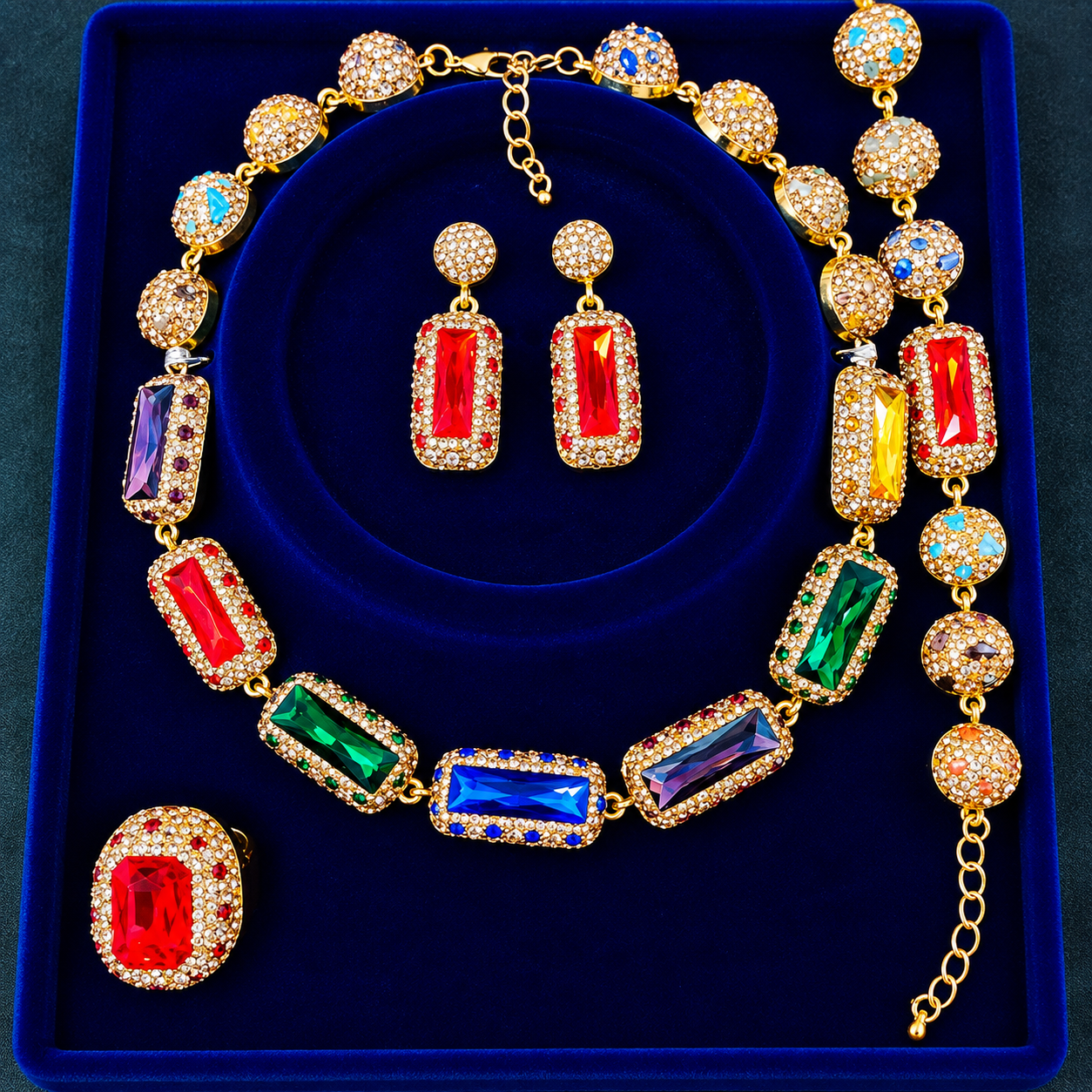 Premium Bridal/Party Rectangular Multicolor Stone Jewelry Set