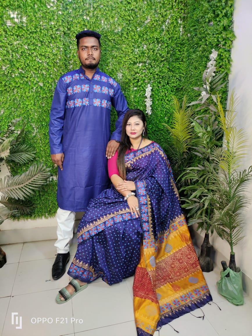 Dhupian Silk Couple Saree and Panjabi Set, Block and Screen Print