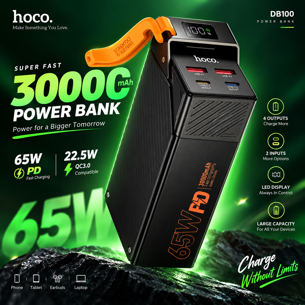 Hoco DB100 Harmony 30000mAh 65W Fast Charging Power Bank – PD & QC 3.0 Support, Dual Type-C & Dual USB-A Ports, Smart Digital LED Display & Laptop Charging Compatible