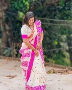 Pink and Orange Screen Print Half Silk Cotton Saree for Puja