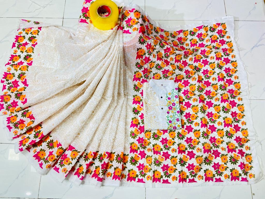 Dhupian Silk Couple Set, Screen Print Saree and Panjabi, S to XL