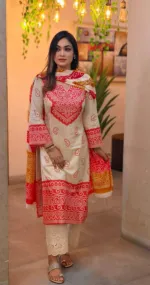 Printed Linen Kameez and Salwar Three Piece, 6 Colour Choices