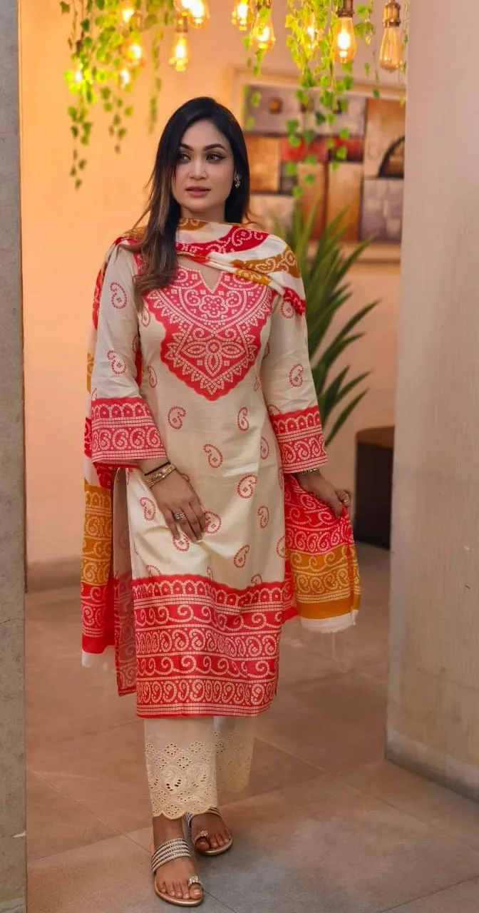 Printed Linen Kameez and Salwar Three Piece, 6 Colour Choices