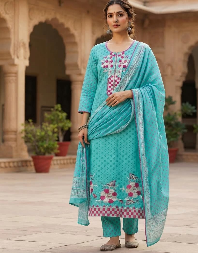 Readymade Three Piece with Neck Embroidery and Printed Orna