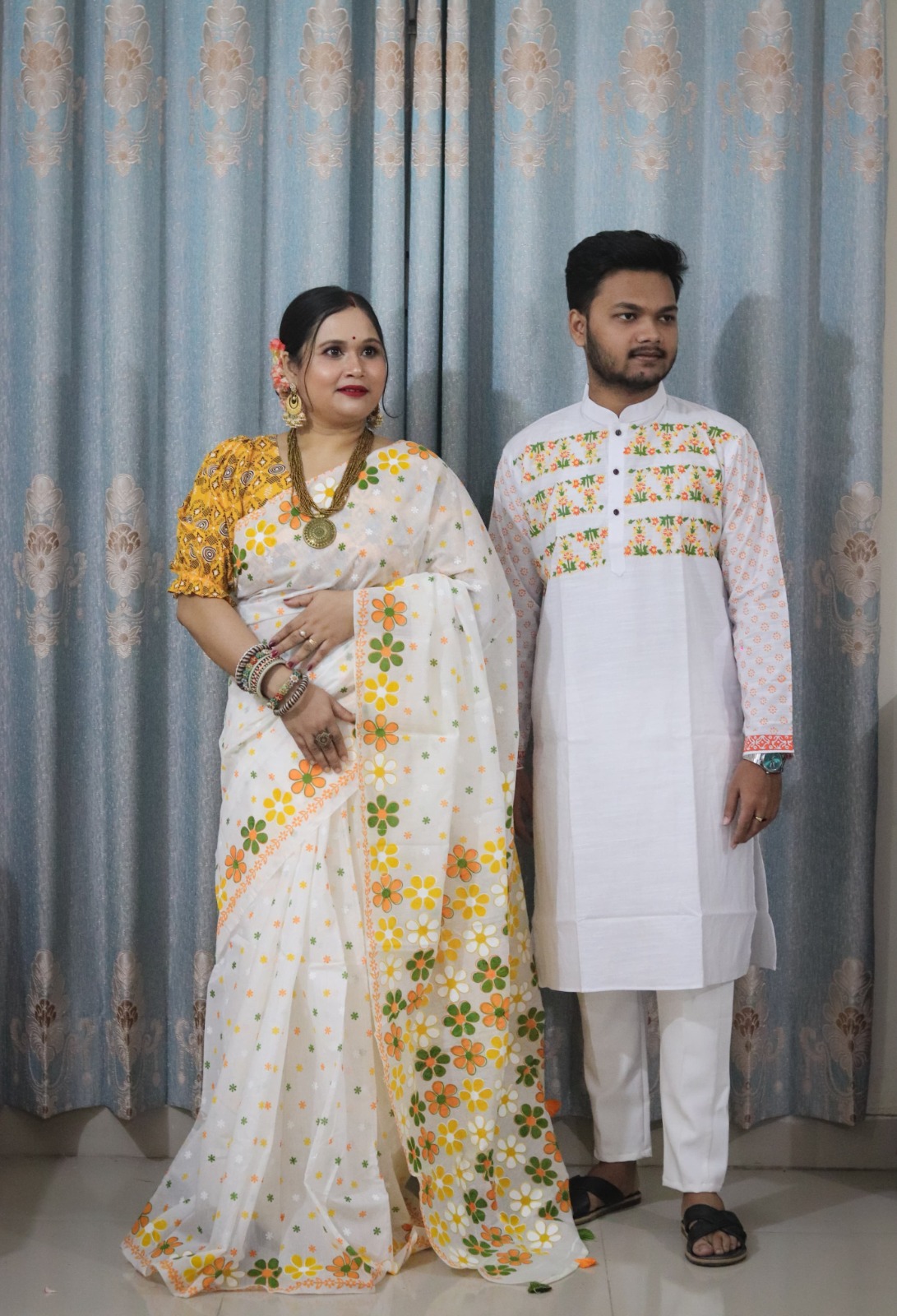 Couple Set of Half Silk Saree and Slub Cotton Panjabi, Sizes 38 to 46