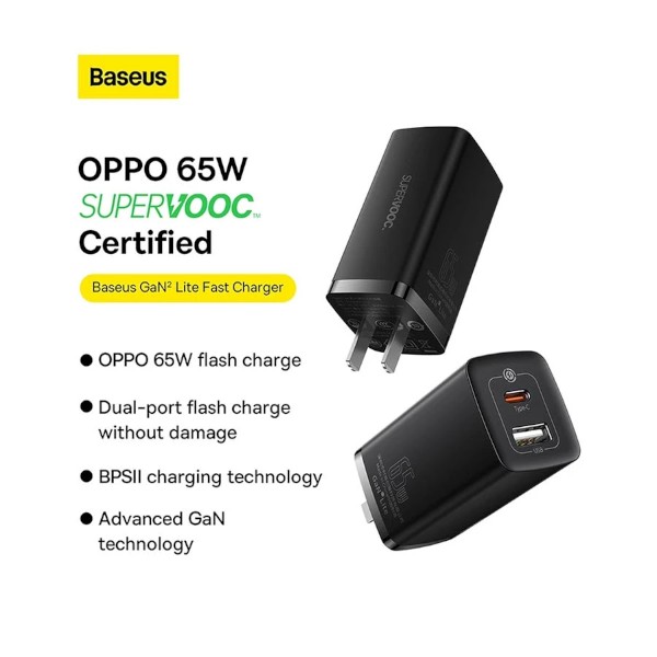 Baseus CCGL010001 GaN2 lite SUPER VOOC USB & USB-C 65W CN Black Charger