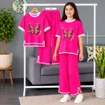 Kids Premium Cotton Half Sleeve T-Shirt & Pant Set Hot Pink
