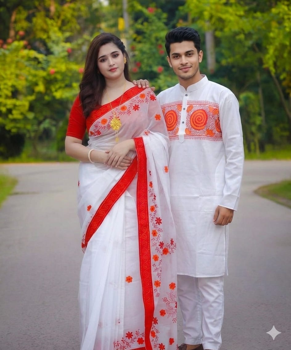 Pohela Boishakh Couple Dress, Tassel Saree with Silk Panjabi