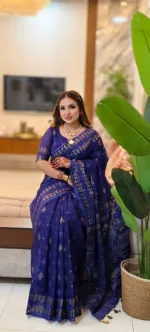 Half Silk Screen Print Saree with Printed Border and Blouse Piece