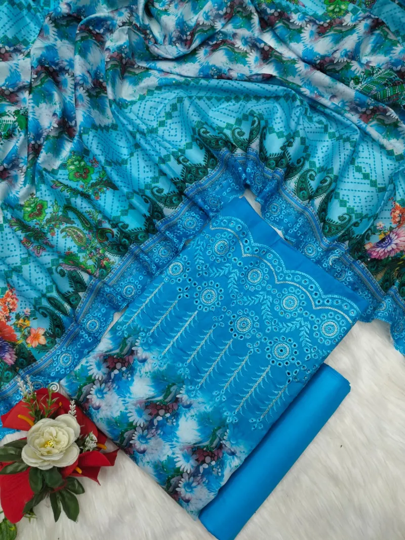 Digital Print Three Piece with Embroidered Sleeves and Cut Work Orna