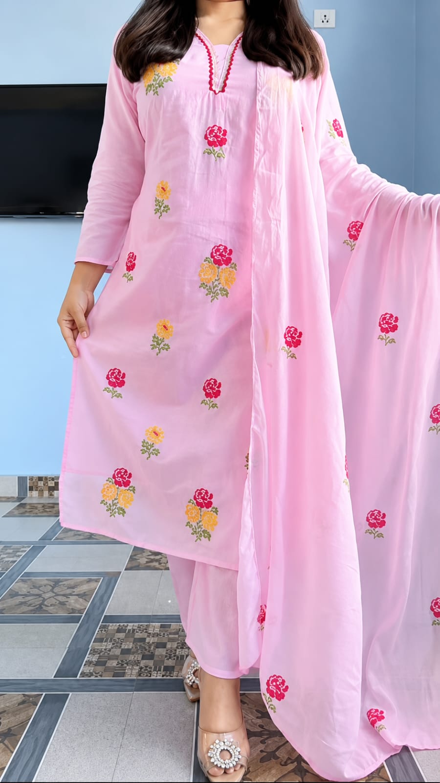 Floral Embroidery Cotton Garara Dress with Embroidered Orna