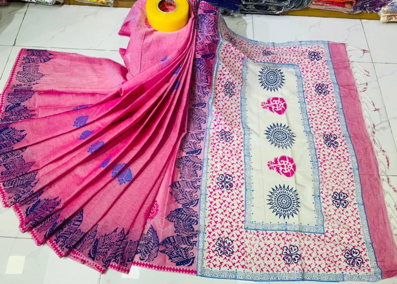 Women's Block Print Cotton Saree, 14 Haath, 6 Colours