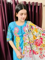 Embroidered Voile Three Piece with Screen Print Cotton Orna