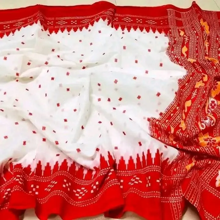 Half Silk Jamdani Print Saree for Puja, 6 Colours
