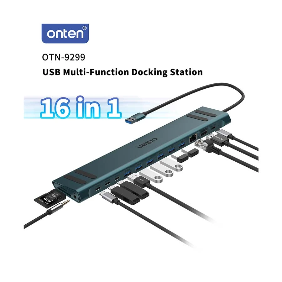 Onten OTN-9299 USB-A Multiport Hub with HDMI, Gigabit LAN, SD/TF, Teal