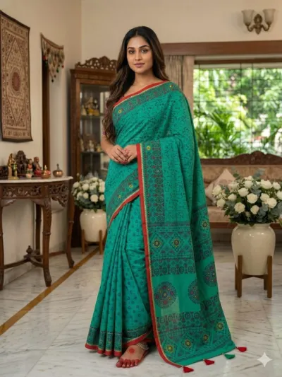 Tangail Silk Screen Print Saree with Tassels, 13.5 Haath