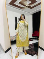 Women's Pure Cotton Embroidered Three Piece, 6 Colours