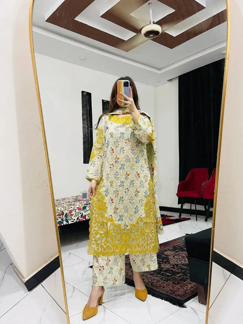 Women's Pure Cotton Embroidered Three Piece, 6 Colours
