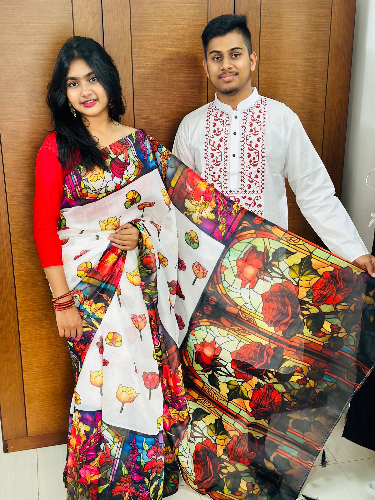 Digital Print Saree and Dhupian Panjabi Couple Set, 12 Haath