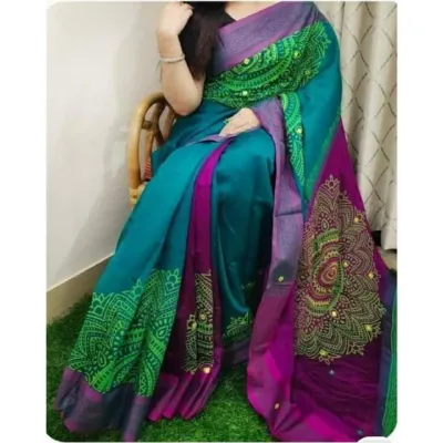 13 Haath Dhupian Silk Saree with Embroidered Block Print Work