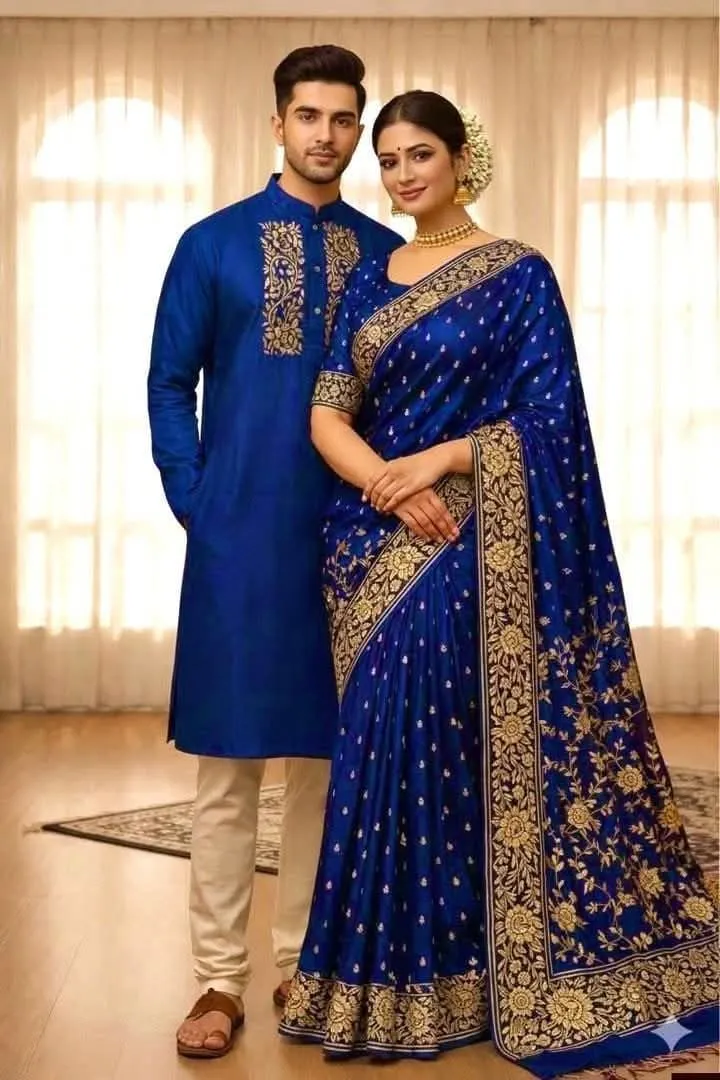 Screen Print Silk Saree and Block Print Panjabi Couple Set
