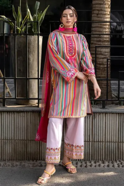 Single Colour Cotton Silk Three Piece with Silk Georgette Orna