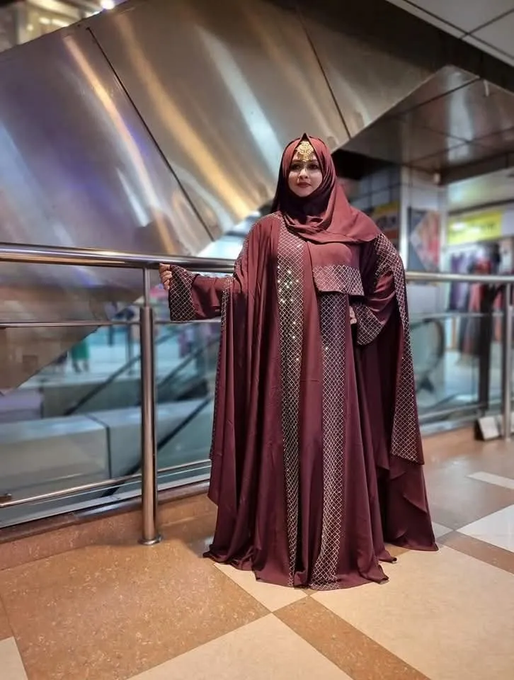 Women's Two-Part Cherry Abaya Set with Inner and Hijab, Size 54