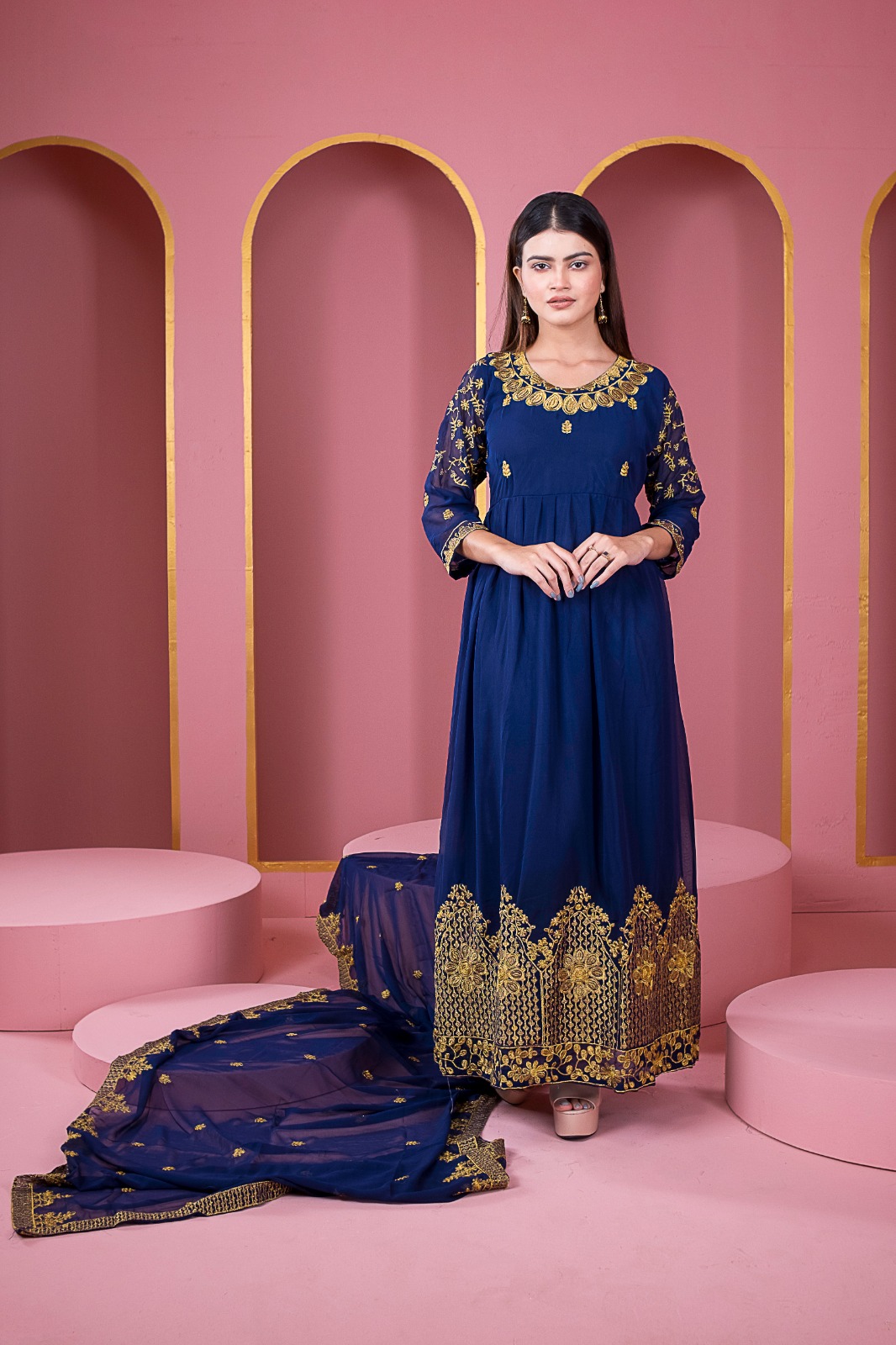 Women's Georgette Embroidered Party Dress with Inner, Up to 47 Inch