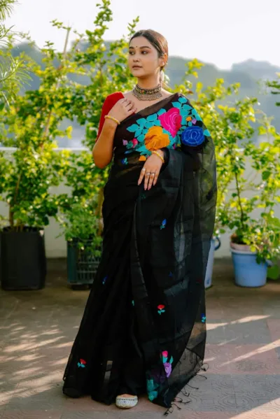 Half Silk Embroidery Saree, 12 Haath, 6 Colours